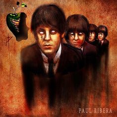 a painting of the beatles with an apple on it's head and four other faces