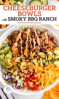 a white bowl filled with cheeseburger bowls next to sliced cucumbers and other vegetables