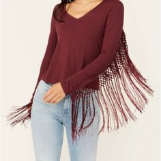 Hot & Delicious Women’s Wine Colored Fringed Cowl Neck Top. Fringed Sleeves & Back. Fringe Is Always In. This Fabulous Wine Colored Cowl Neck, Long Sleeve And Fringe Back Top Is Great For Parties Or A Night Out. Nwt Size: Medium Armpit To Armpit: 14” Length: 17” Length With Fringe: 25” New With Tags From A Smoke-Free Home With A Dedicated Store Room. Please Note Item Measurements Are Approximate. Please Compare Measurements To Your Favorite Garments To Ensure Best Fit. Deja Vu Couture Donates A White Sequin Top, Olive Green Blouse, Store Room, Romantic Tops, Mesh Long Sleeve Top, Embroidered Tunic Top, Frill Tops, Sheer Lace Top, Cowl Neck Long Sleeve