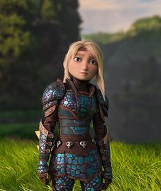 a girl dressed in armor standing in the grass with her hands on her hips and looking into the distance