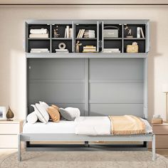 a bedroom with a bed, bookshelf and dresser