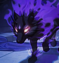 an animated image of a wolf with glowing eyes and purple flames on its back legs