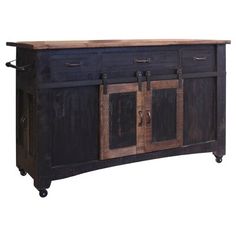 an old wooden sideboard with two doors and three drawers on casteors, isolated against a white background