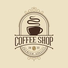 coffee shop logo with a cup of coffee on the front and an ornate frame around it