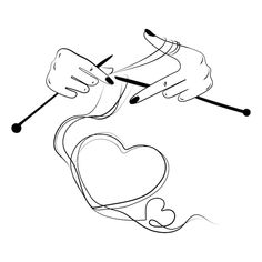 two hands holding yarn and knitting needles with a heart in the center on a white background