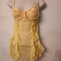 Pink And Yellow Victoria's Secret Lace Sheer Dress With Built-In Bra Slip Dress Runway, 2000s Victoria Secret, Lace Sheer Dress, Girly Closet, White Bridal Robe, Earthy Girl, Boho Whimsical, Lace Babydoll Dress, Red Silk Dress