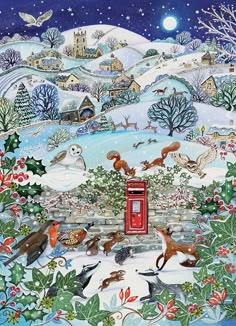 a painting of animals in the snow with a red phone booth on it's side