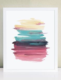 a watercolor painting with pink, blue and yellow colors on the bottom half of it