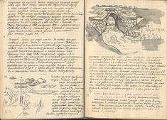 an open book with drawings on it and writing in black ink, next to a drawing of a bridge