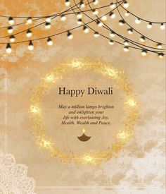 a happy diwali greeting card with lights and garlands on an orange background