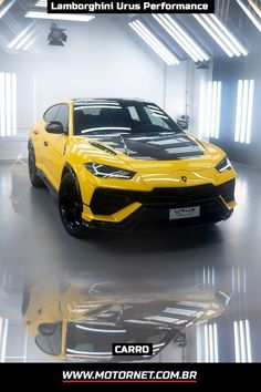 a yellow sports car parked in a garage