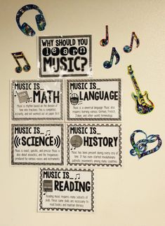 music themed bulletin board with notes and symbols