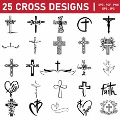 the 25 cross designs are shown in black and white