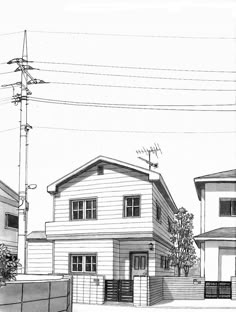 a black and white drawing of a house on a street with power lines in the background