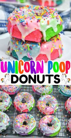 unicorn poop donuts with sprinkles and rainbow frosting on top