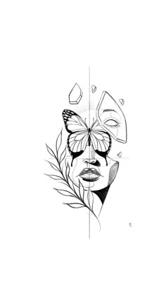 a black and white drawing of a woman's face with butterflies on her head