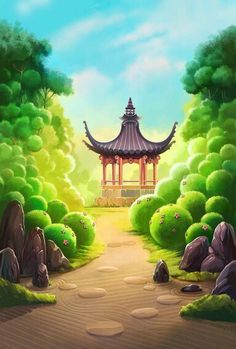 a painting of a pagoda in the middle of a forest with rocks and trees around it