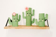 three green cactuses with pink flowers sitting on a shelf