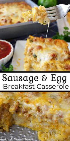 sausage and egg breakfast casserole on a plate with a fork