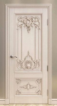 a white door with an ornate design on the front and side panels, against a beige wall