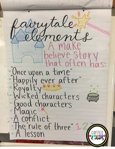 a sign with writing on it that says, fairy tale elements and how to use them