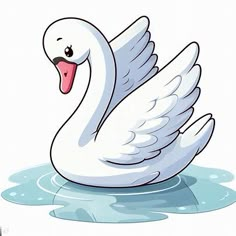 a white swan floating in the water with its tongue out and it's eyes closed