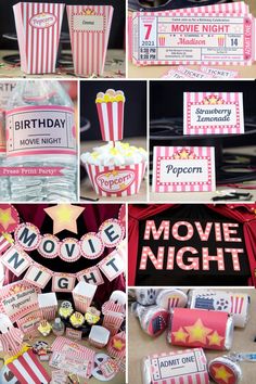 movie night birthday party with popcorn boxes and decorations