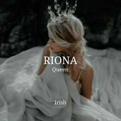 a woman wearing a tiara sitting on top of a white sheet covered bed with the words riona queen