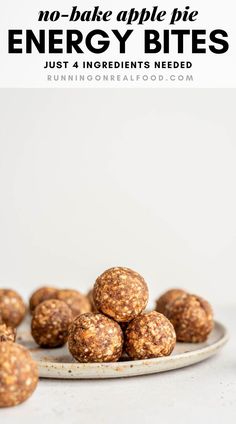 no - bake apple pie energy bites on a white plate with text overlay