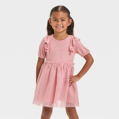 Your darling will look super cute and adorable by wearing the Short-Sleeve Tulle Dress from Cat & Jack™. This short-sleeve dress features ruffles on the shoulders and a mesh overlay below the waist for a sweet look. Tailored from soft fabric blend, this knee-length dress offers comfort all day. Cat & Jack™: Designed for all children so you can trust it's made for yours. Long Sleeve Print Dress, Mesh Overlay, Toddler Girl Outfits, Girls Long Sleeve, Dress Romper, Tulle Dress, Rose Pink, Knee Length Dress, Toddler Outfits