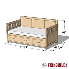 the bed frame and drawers are shown with measurements