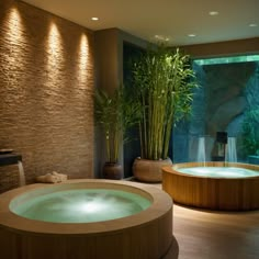 a spa room with a large jacuzzi tub next to a bamboo plant and potted plants