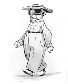 a black and white drawing of a man wearing a hat with sunglasses on his head