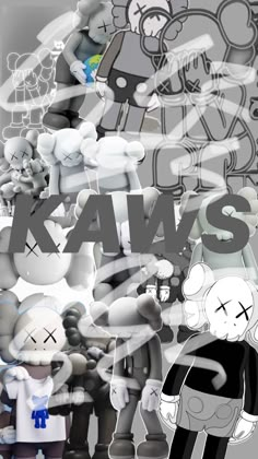 an image of many cartoon characters with the word kaws in front of them on a black and white background