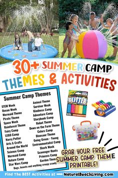 an advertisement for the summer camp with pictures of children playing and having fun in the water