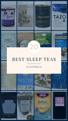 the words 20 best sleep teas in australia with images of various items on them