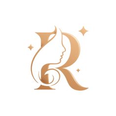 the letter r with a woman's face and stars around it on a white background