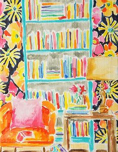 a painting of a living room with bookshelves and flowers on the wall above it