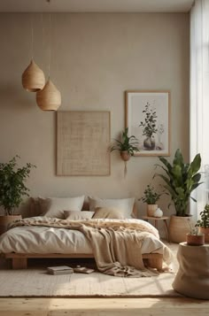 a bed sitting in a bedroom next to two potted plants on top of a wooden floor