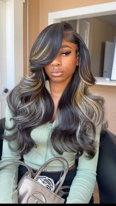 Sew In With Blonde Highlights, Black With Blonde Highlights, Black Hair With Blonde Highlights, Birthday Hairstyles, Black Hair With Highlights, Girls Natural Hairstyles