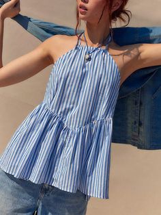 Women Halter Neck Tie Back Ruched Striped Camisole Top, Casual Daily Wear Blue and White Casual   Fabric Striped Halter Non-Stretch  Women Clothing, size features are:Bust: ,Length: ,Sleeve Length: Aesthetic Vest, Party Crop Tops, Y2k Aesthetic Fashion, Vest Tops Women, Sleeveless Peplum Top, Peplum Tops, Flare Top, Women Y2k, Stripe Outfits