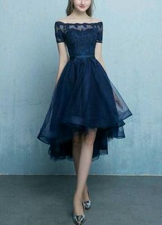 Knee-length Blue Evening Dress For Prom, Blue Knee-length Evening Dress For Prom, Blue Short Sleeve Dress For Homecoming, Blue Lace Dress For Party Season, Blue Lace Dress With Sequins, Prom Dress High Low, Best Evening Dresses, High Low Party Dresses, High Low Evening Dresses