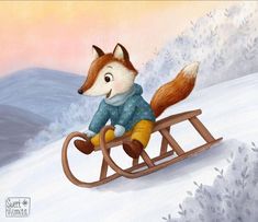 a painting of a fox on a sled in the snow