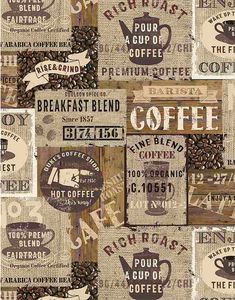 coffee themed wallpaper with different types of signs and words on it's surface