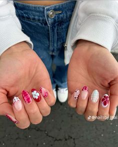 Almond Nails Fancy Designs, All Different Nail Designs, Summer Gel X Nail Designs, Multiple Design Nails, Red Summer Nails 2024, All Different Nails, Mismatched Nails Summer, Cute Nail Inspo Summer, Blooming Flower Nails