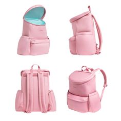 three different views of a pink backpack