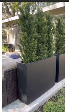 two large planters sitting next to each other in front of a house