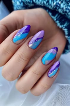 New Nail Designs 2024, Cute Nail Ideas For Acrylics, Purple And Blue Nails Designs, Nails Blue And Purple, Purple Blue Nails, Cute Nails Blue, Bright Nail Ideas, Purple And Blue Nails, Blue Purple Nails