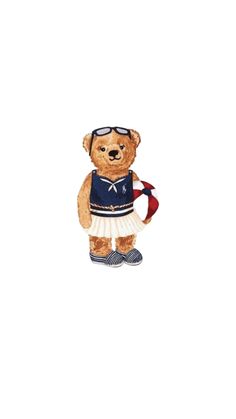 a watercolor drawing of a teddy bear wearing a sailor's outfit and holding a flag