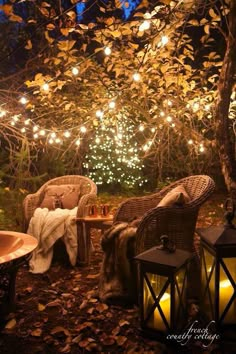 some chairs and lights in the middle of a yard with trees lit up by string lights